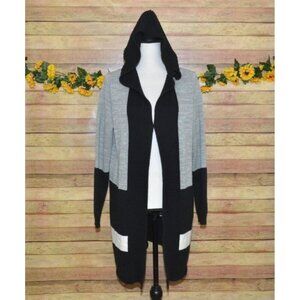 French Dressing Jeans Gray Black Color Block Hooded Long Cardigan Sweater Size L